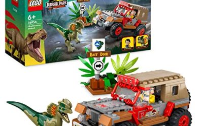 LEGO Jurassic Park Dilophosaurus Ambush Dinosaur Toy for Boys, Girls, Kids 6 Plus Years Old, with Dino Figure and Jeep Car Toy, 30th Anniversary Collection Set 76958